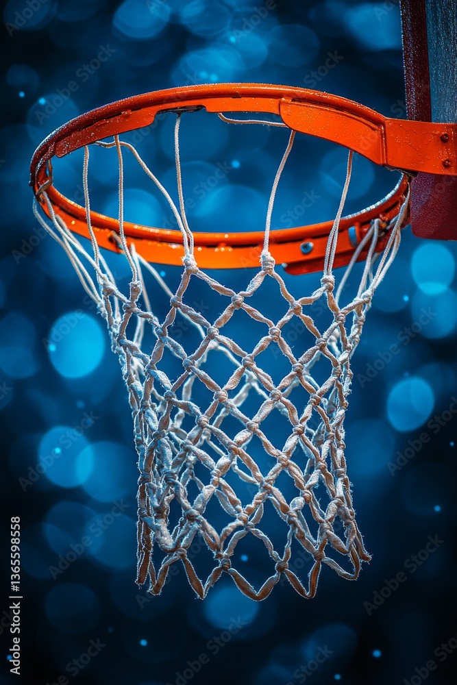 basketball hoop with net swaying slightly in the wind, deep blue sky in background, low-angle shot, crisp sharp details basketball hoop with net swaying slightly in the wind, deep blue sky in background, low-angle shot, crisp sharp details