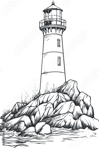 Black and white vector illustration of a lighthouse on rocky coast for nautical designs.