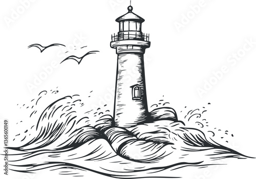 Black and white lighthouse illustration with waves and birds for nautical themes.
