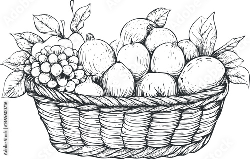 Hand-drawn fruit basket illustration with apples and grapes for vintage design.