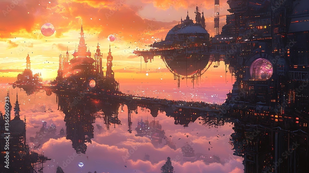 Fototapeta premium Surreal Futuristic Cityscape with Floating Structures and Sunset Glow