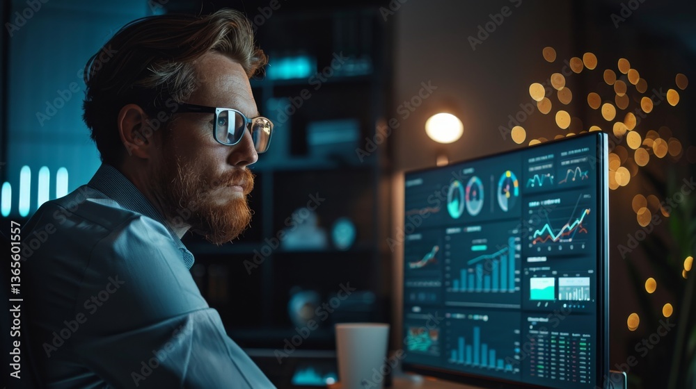 Business analyst reviewing data insights and trends during late night work session Business analyst reviewing data insights and trends during late night work session