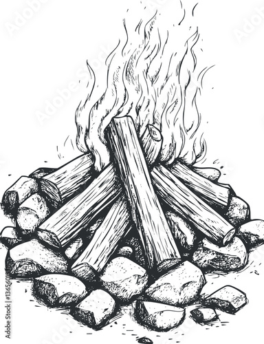 Hand-drawn campfire illustration with logs and stones, perfect for outdoor adventure themes.