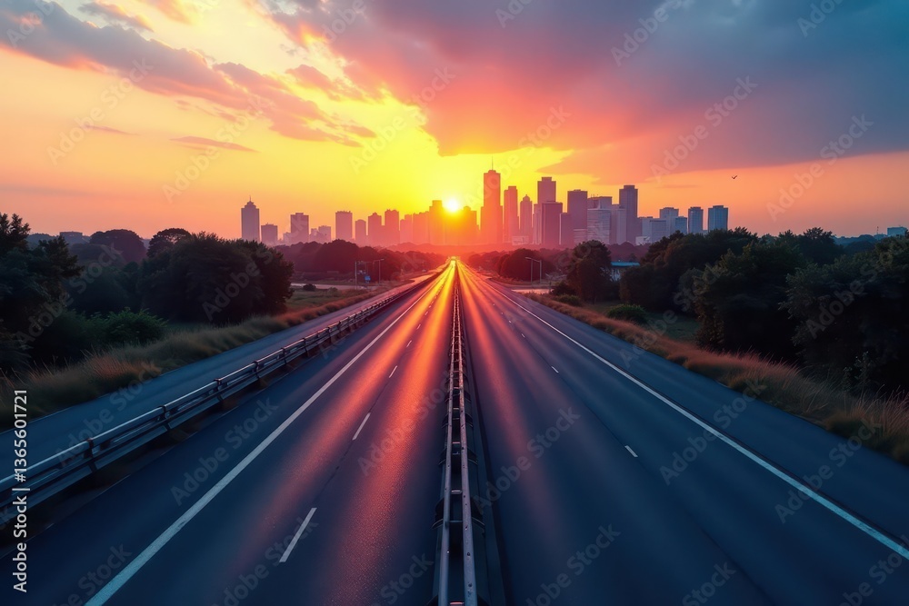 Empty highway stretches towards city skyline at dawn, freedom, sky, journey Empty highway stretches towards city skyline at dawn, freedom, sky, journey