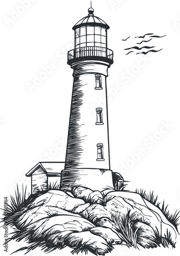 Black and white vector illustration of a lighthouse on rocky coast for nautical designs.