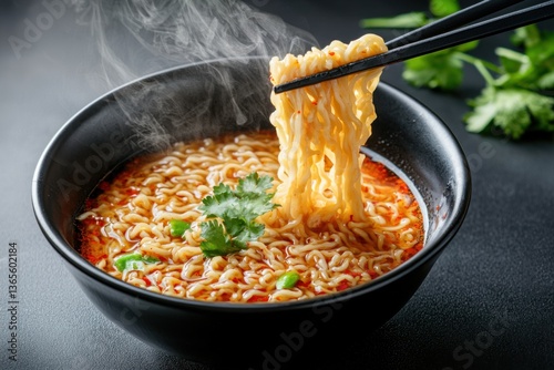 Dynamic handpulled noodles with chili oil splash asian kitchen food photography dark background close-up culinary art photo