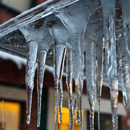 Ice Formation on the Roof: Transparent icicles hanging from a roof, showcasing the beauty and detail of frozen water in close up.