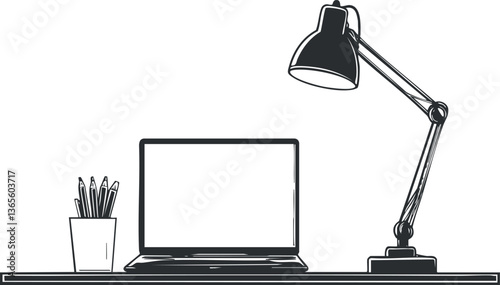Minimalist workspace illustration with laptop, desk lamp, and stationery for office design.