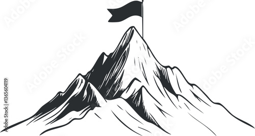 Mountain peak with flag symbolizing success and achievement in minimalist vector style.