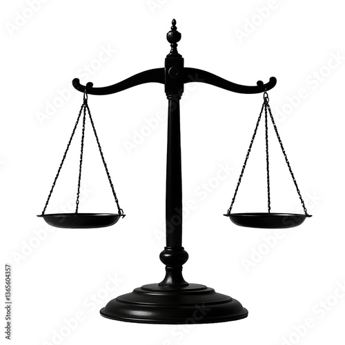 Black balance scale with two pans representing justice and fairness - Legal or symbolic tool, horizontal beam on a vertical stand, iconic symbol png isolate on white background Download