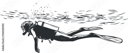 Silhouette of a scuba diver swimming underwater, perfect for marine-themed designs.