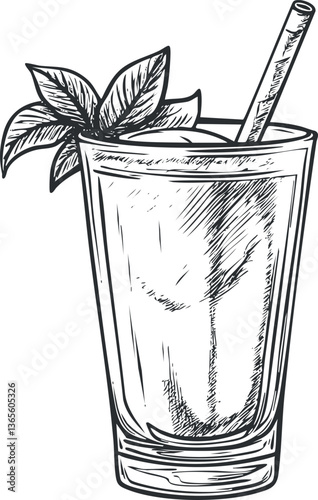 Hand-drawn cocktail sketch with mint garnish for menu or poster design.