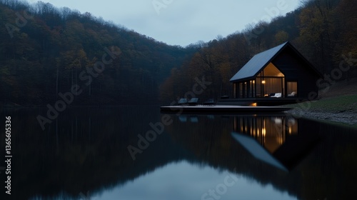 Tranquil cabin nestled by a serene lake at dusk, surrounded by autumn foliage