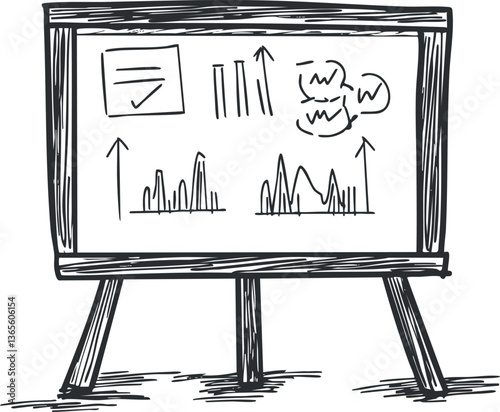 Hand-drawn business presentation whiteboard with charts and graphs for strategy meetings.