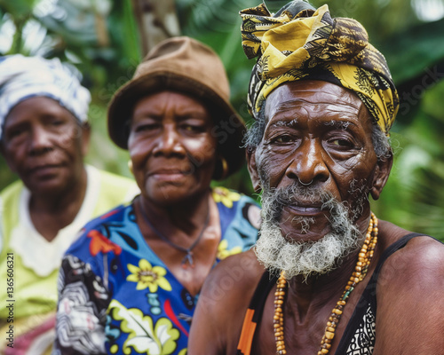 Portrait of three Black Caribbean elderly people wearing traditional clothing  photo