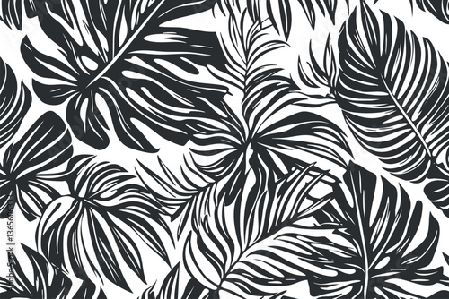 Monochrome tropical leaves pattern, ideal for textile and wallpaper design.