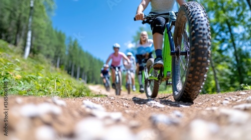 Group enjoying e-bike adventure through scenic mountain trails