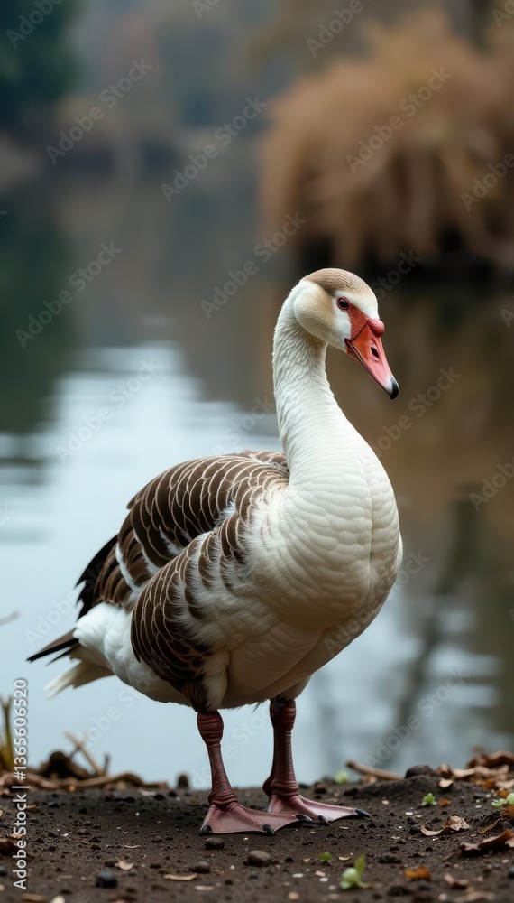Fototapeta premium Goose preening feathers near lake shore, reeds visible, ecology, lake, goose