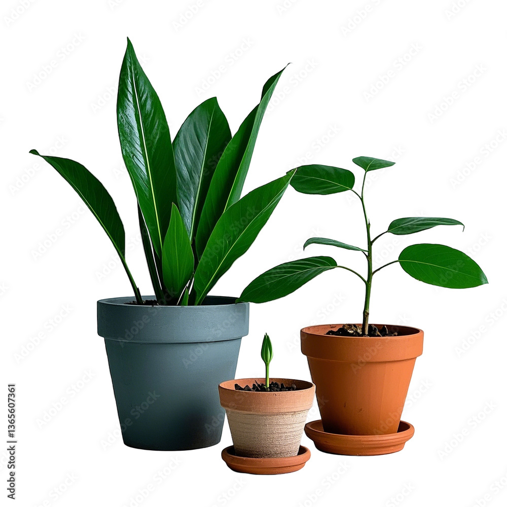 Fototapeta premium Trio of potted plants showcasing vibrant green foliage, varying sizes and designs in dark gray, terracotta, and light beige pots, perfect decor for homes or offices png isolate on white background Dow