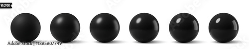 Glossy black spheres. 3D model bubble collection realistic black balls with smooth surfaces and shadows. Ideal for backgrounds mockup object modern design. Vector illustration dark shiny plastic globe