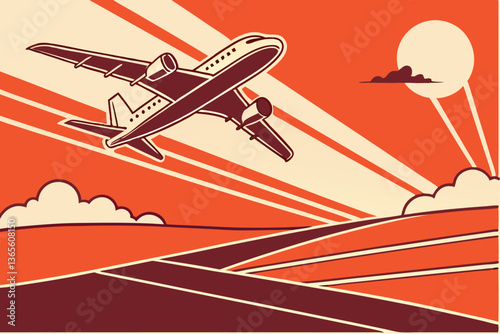 6 Retro-style airliner illustration, vibrant orange sky, stylized commercial jet taking off, art deco poster design, sleek aircraft silhouette, minimalist landscape, bold color palette, vintage travel