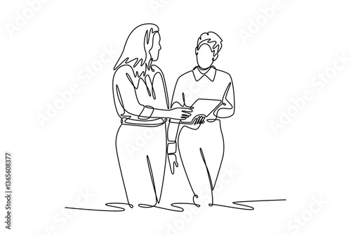 Mature business woman looking at a tablet screen as her assistant discusses her schedule with her. Technology in business concept. Single line draw design. Vector graphic illustration