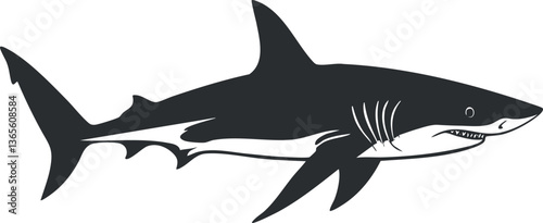 Black and white shark silhouette vector for marine wildlife designs.