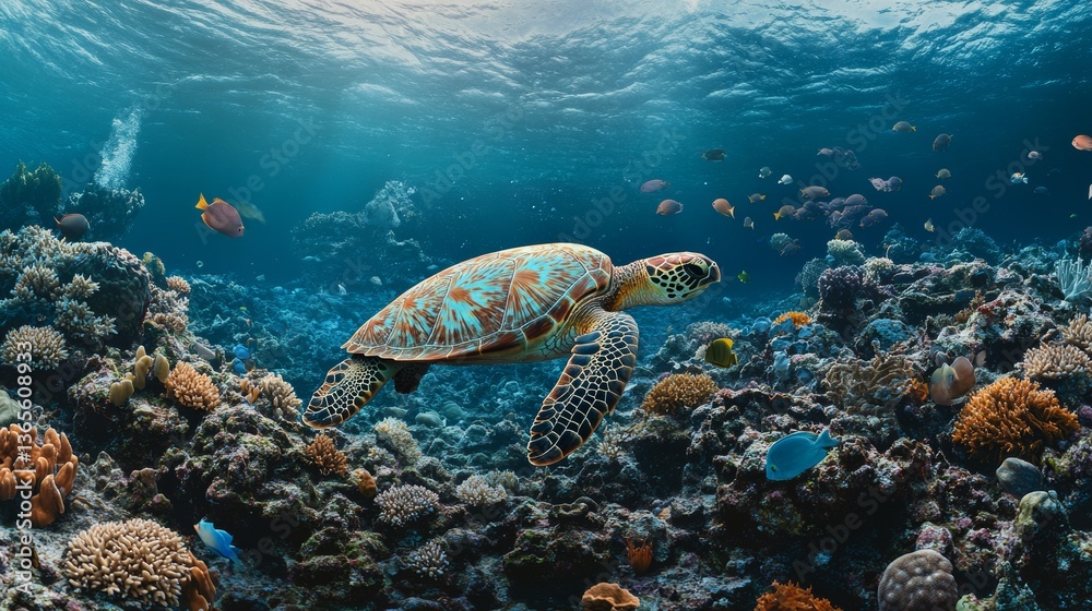 A pristine coral reef vs. a bleached, dying reef, highlighting the impact of climate change. A sea turtle entangled in plastic, an emotional and thought-provoking image. A mass of microplastics A pristine coral reef vs. a bleached, dying reef, highlighting the impact of climate change. A sea turtle entangled in plastic, an emotional and thought-provoking image. A mass of microplastics