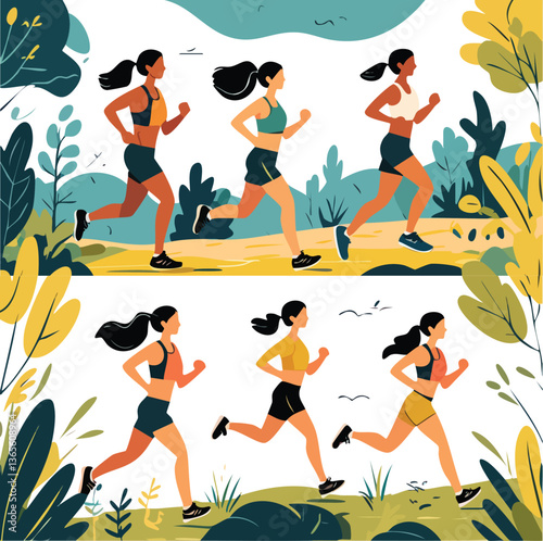Women Running in Nature Illustrations