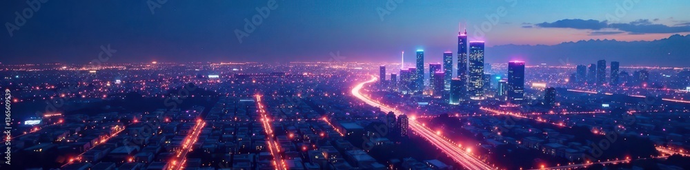 Fototapeta premium Futuristic cityscape with holographic stock data overlay, technology background, abstract, interface