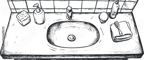 Hand-drawn bathroom sink illustration with soap, towel, and toiletries for design projects.