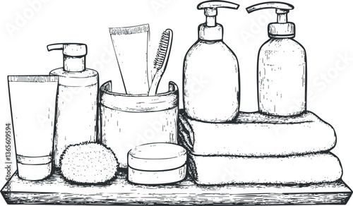Hand-drawn bathroom toiletries set illustration for spa and skincare design themes.