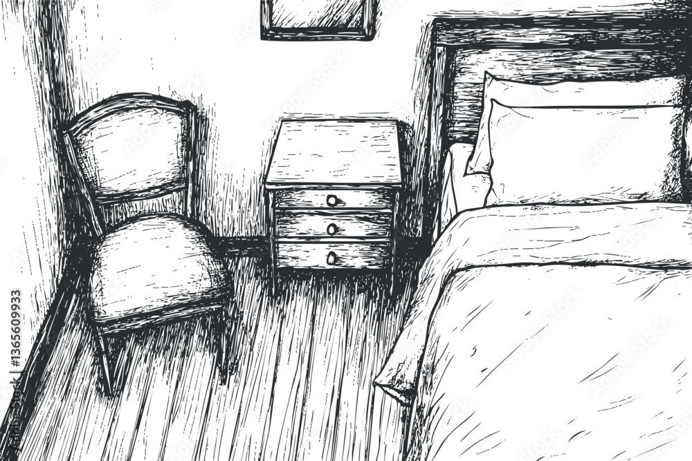 Fototapeta premium Hand-drawn sketch of a bedroom interior with bed, chair, and nightstand.