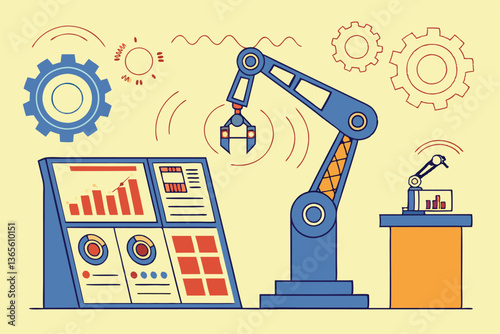 7 Futuristic manufacturing control panel, robotic arms, digital displays, data analytics, industrial automation, colorful interface, gears and cogs, factory optimization, machine learning, IoT sensors