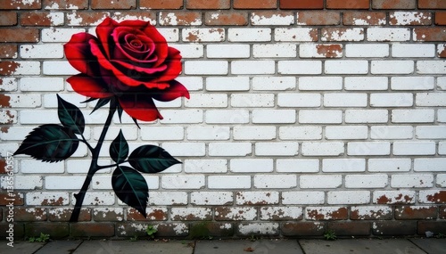 Single red rose stencil, brick wall, London graffiti , london, brick wall, wall art