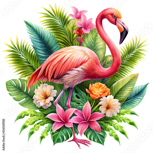 92.	Pink Flamingo in Tropical Paradise A Vibrant Botanical Illustration Isolated On White Background
