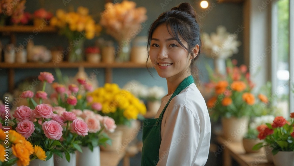 Fototapeta premium Smiling Japanese Florist in Her Vibrant Flower Shop Surrounded by Colorful Bouquets
