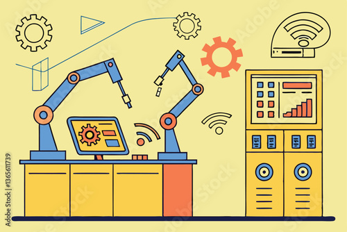 7 Futuristic manufacturing control panel, robotic arms, digital displays, data analytics, industrial automation, colorful interface, gears and cogs, factory optimization, machine learning, IoT sensors