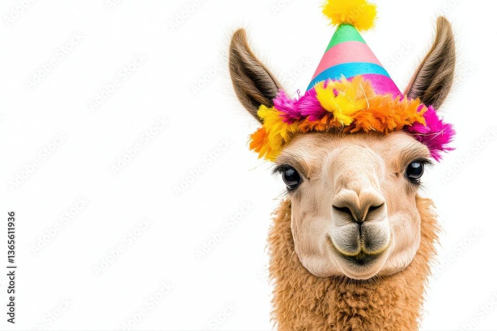 Obraz premium Celebratory alpaca wearing colorful party hat