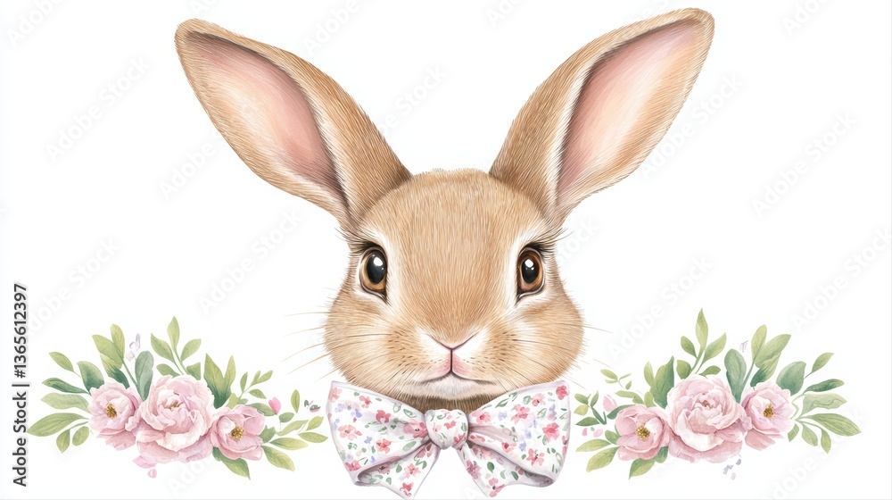 Cute rabbit with floral bow tie and flowers design Cute rabbit with floral bow tie and flowers design