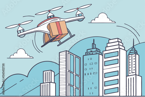 8 Delivery drone carrying cardboard package, futuristic cityscape background, quadcopter with propellers, urban skyline, tall buildings, blue sky with clouds, modern logistics, aerial delivery service
