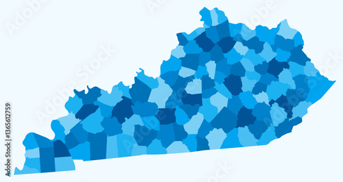 Map of Kentucky with counties. Just a simple state border map with county division. Light blue color palette. Flat Commonwealth of Kentucky shape with administrative division. Vector illustration.
