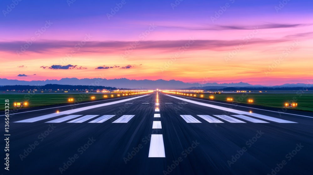 Fototapeta premium Sunset over a tranquil airport runway leading to distant mountains under a colorful sky