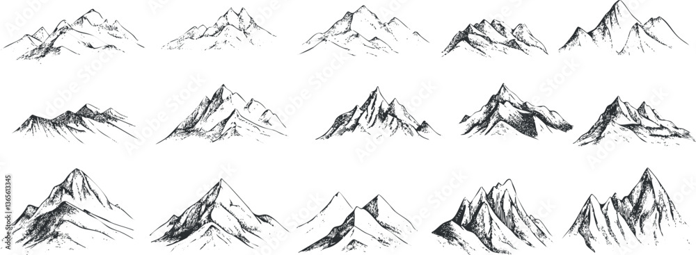 Fototapeta premium Set of hand-drawn mountain sketches in minimalist line art style for nature, landscape, adventure, and outdoor design use.