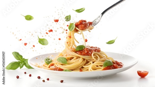 Delicious Italian Spaghetti with Tomato Sauce – Fork Twirling Pasta, Fresh Basil, Parmesan Cheese, and Cherry Tomatoes in a Gourmet Food Presentation
