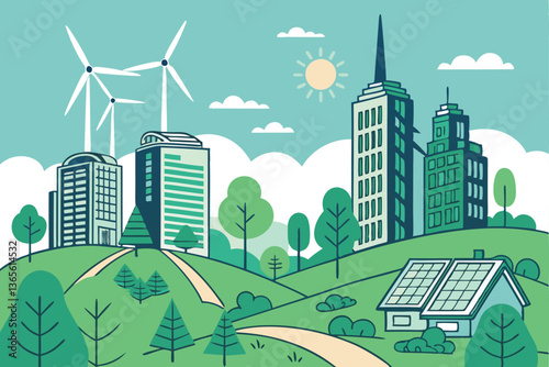 9 Futuristic green city, sustainable urban landscape, solar panels, wind turbines, skyscrapers, lush parks, clean energy, sunlit cityscape, eco-friendly architecture, vibrant colors, photorealistic re