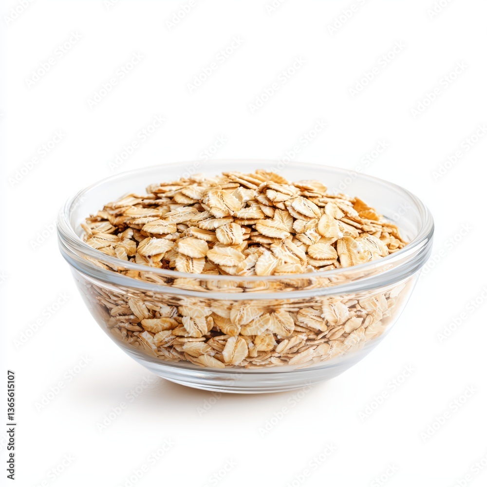 Uncooked rolled oats in glass bowl on white background Uncooked rolled oats in glass bowl on white background