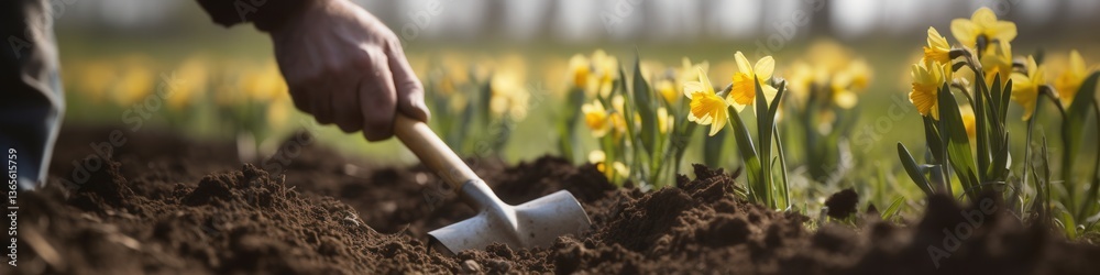 Fototapeta premium Close-up of a hand working in a garden, with vibrant yellow flowers in the background.