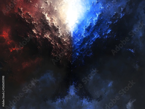 Cosmic Divide: A striking view of the cosmos where fiery red and icy blue clouds clash in a dramatic dance, creating an image of intense contrast and otherworldly beauty.