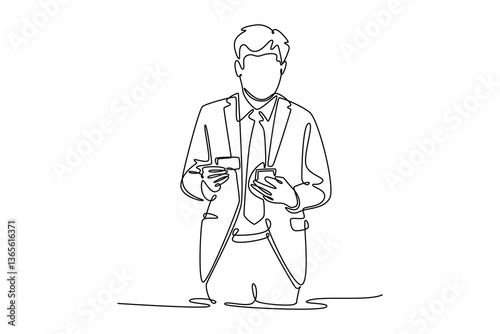 A business man standing and hand paying with credit card and entering key of security code with smart phone. Technology in business concept. Single line draw design. Vector graphic illustration